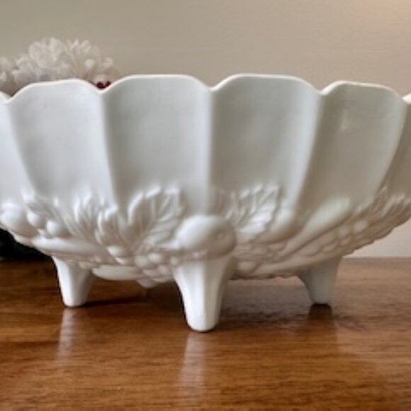 Indiana Glass Milk Glass Pedestal Bowl Fruit Motif Scalloped Footed Centerpiece - Picture 2 of 5